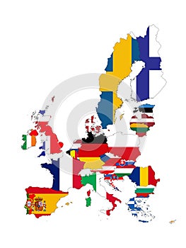 Map of Europe Union countries with national flag before BREXIT on gray map of Europe