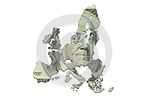 map of european union on a american dollar money texture on the white background. finance concept