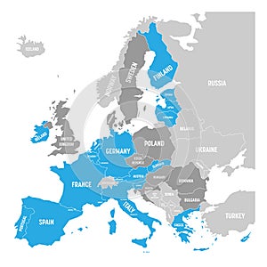 Map of Eurozone. States using Euro currency. Grey vector map with blue highlighted member countries and dark grey EU