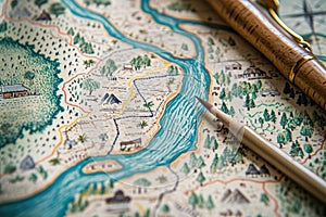 A map featuring a pen atop, providing a versatile tool for mapping, marking locations, and tracing routes, A hand-drawn map