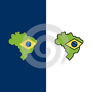 Map, Flag, Brazil  Icons. Flat and Line Filled Icon Set Vector Blue Background