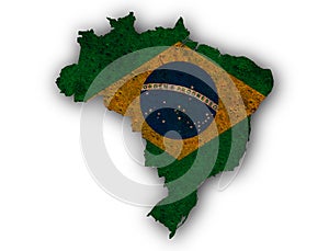 Map and flag of Brazil on rusty metal