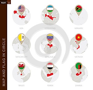 Map and Flag in a circle of 9 Countries