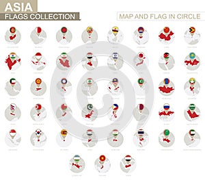 Map and Flag in Circle, Asia Countries Collection