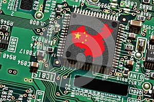 Map and Flag of the Republic of China on microchip of a printed electronic card. Concept for supremacy in global microchip and