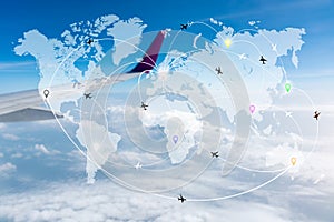 Map of flight routes airplanes network with blurred wing in the