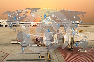 Map of flight routes airplanes network use for global travel, import,export,logistics network concept.