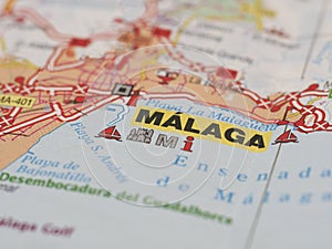 A map with the focus on the city of Malaga . Holiday concept mediterranean travel