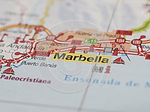 A map with the focus on the city of Marbella . Mediterranean holiday concept and travel