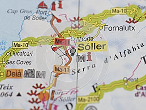 A map with the focus on the city of Soller. Holiday travel concept