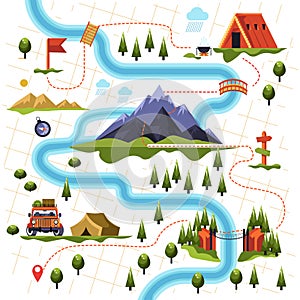 Map of forest or woods and mountain hiking tourism