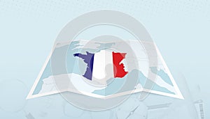Map of France with the flag of France in the contour of the map on a trip abstract backdrop