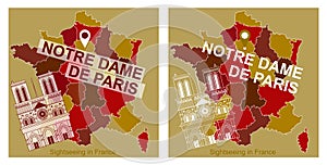 Map of France with the icon of attractions, Notre Dame de Paris.