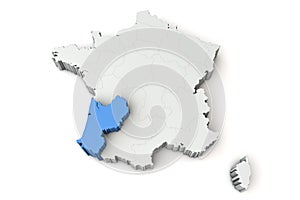 Map of France showing Aquitaine region. 3D Rendering