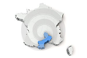 Map of France showing languedoc roussillon region. 3D Rendering