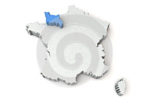Map of France showing Lower Normandy region. 3D Rendering