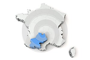 Map of France showing Midi Pyrenees region. 3D Rendering