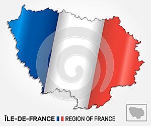 Map of the french region Ile-de-France combined with waving french national flag - Vector