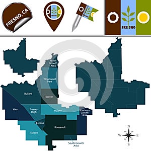 Map of Fresno, CA with Districts