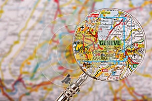 Map of Genf Geneve with magnifying glass on table