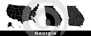 Map of Georgia state, USA. Set of Georgia maps with outline border, counties and US states map. Black and white color