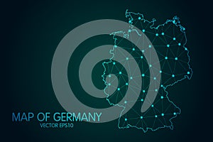 Map of Germany - With glowing point and lines scales on the dark gradient background, 3D mesh polygonal network connections.