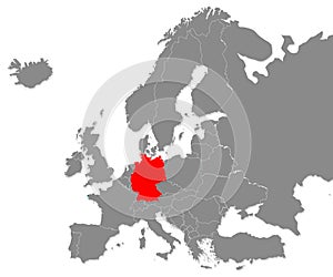 Map of Germany highligted with red in Europe map