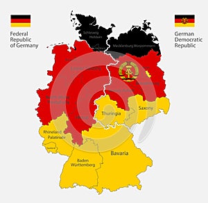 Map of the Germany map divided on West and East Germany with regions and names in the colors of the flag with administrative