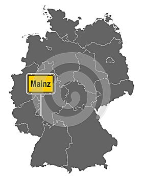 Map of Germany with road sign of Mainz