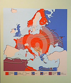 Map of Germany's invasions and retreats from 1940 to 1944, World War II