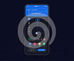 Map GPS navigation dark mode ux ui concept, Smartphone map application and destination blue pinpoint on screen, App search map