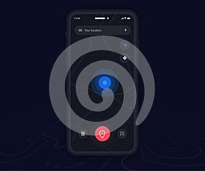 Map GPS navigation dark mode ux ui concept, Smartphone map application and destination blue pinpoint on screen, App search map