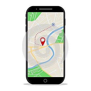 Map gps navigation in mobile phone. Online application of direction on map for car in smartphone screen. Location on city street