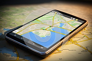 Map GPS navigation, Smartphone map application and pinpoint on screen. AI generated