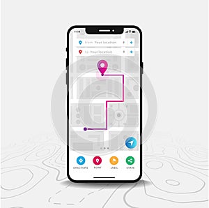 Map GPS Navigation  Smartphone map application and purple pinpoint on screen