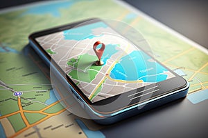 Map GPS navigation, Smartphone map application and red pinpoint on screen. AI generated