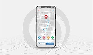 Map GPS navigation  Smartphone map application and red pinpoint on screen  App search map navigation  on line maps