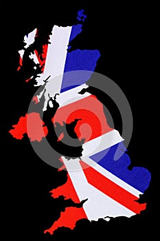 Map of Great Britain cut out with British flag