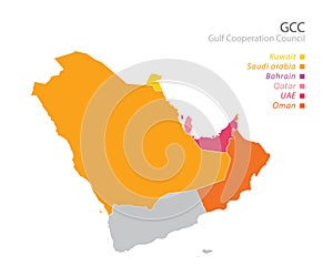 Map of the Gulf Cooperation Council GCC`s members. Vector