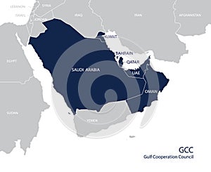 Map of the Gulf Cooperation Council GCC`s members. Vector photo