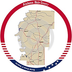 Map of Hale county in Alabama, USA.