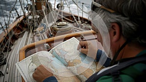 With a map in hand the master plots the ships course carefully considering weather patterns and ocean currents photo