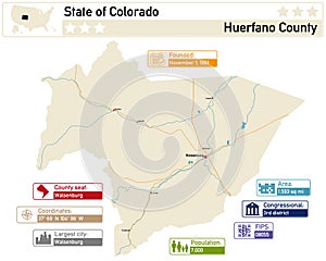 Map of Huerfano County in Colorado USA.