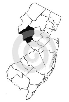 Map of hunterdon County in new jersey state on white background. single County map highlighted by black colour on new jersey map