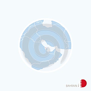 Map icon of Bahrain. Blue map of Middle East with highlighted Bahrain in red color