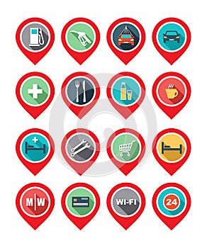 Map icon - car service, hotel, hospital, restaurant, wi-fi.