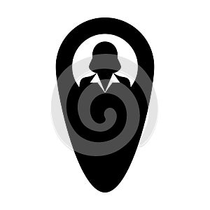 Map icon vector female user person profile avatar with location marker pin symbol in flat color glyph pictogram