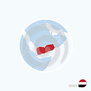 Map icon of Yemen. Blue map of Middle East with highlighted Yemen in red color