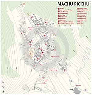 Map of the Inca Ruin City Machu Picchu, Cusco, Peru