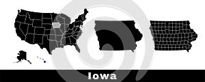 Map of Iowa state, USA. Set of Iowa maps with outline border, counties and US states map. Black and white color